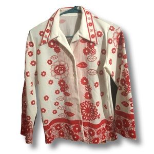 Vintage 70s Point Dagger Collar Red and White Floral Leisure Button Up Shirt